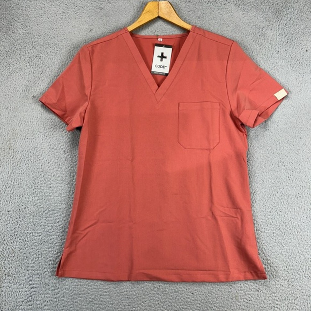 Code Nxt Medical Scrubs Shirt Women Large Salmon Pocket V-Neck Nurse Stertch NEW